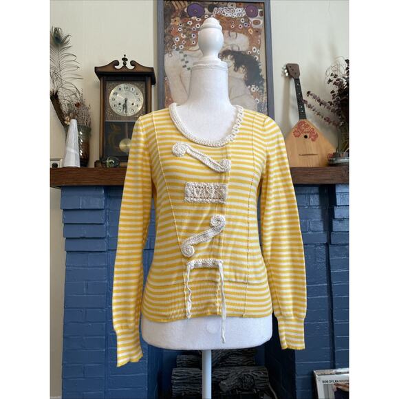 Anthropologie Sparrow M Yellow Striped Sweater Crochet Button Cardigan Y2K - Picture 2 of 14